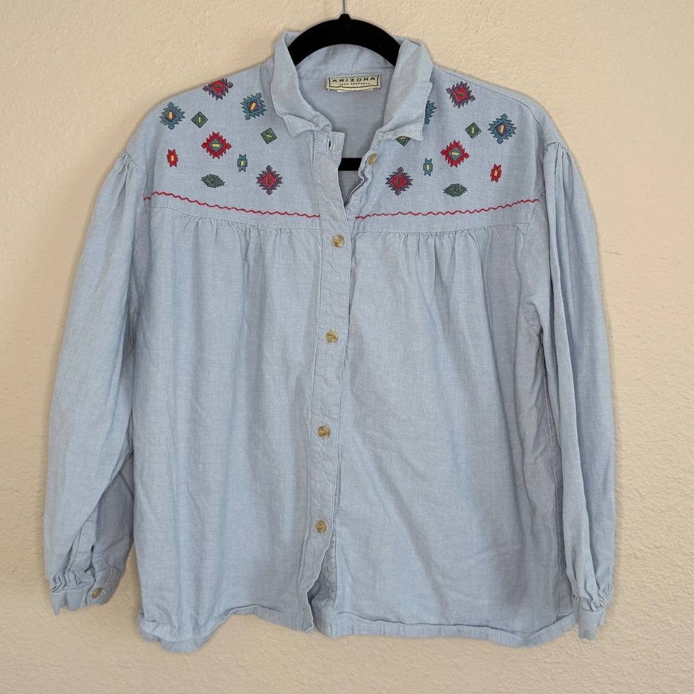 Vintage Southwestern Cotton Chambray Shirt Womens Large Rodeo Festival Country